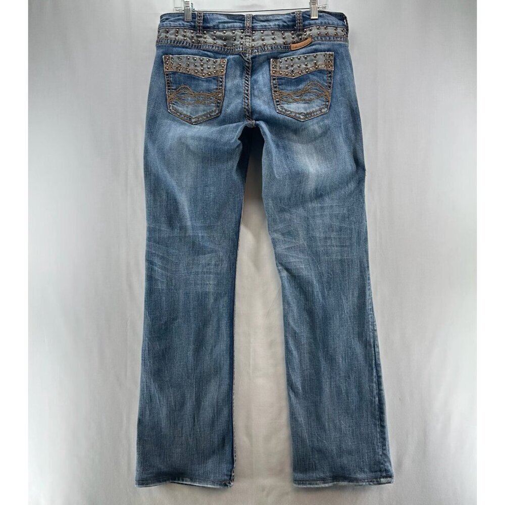 Cowgirl Tuff Jeans Women W32 L35 Studded Camo Bootcut MidRise Stretch Denim Blue - Picture 2 of 11